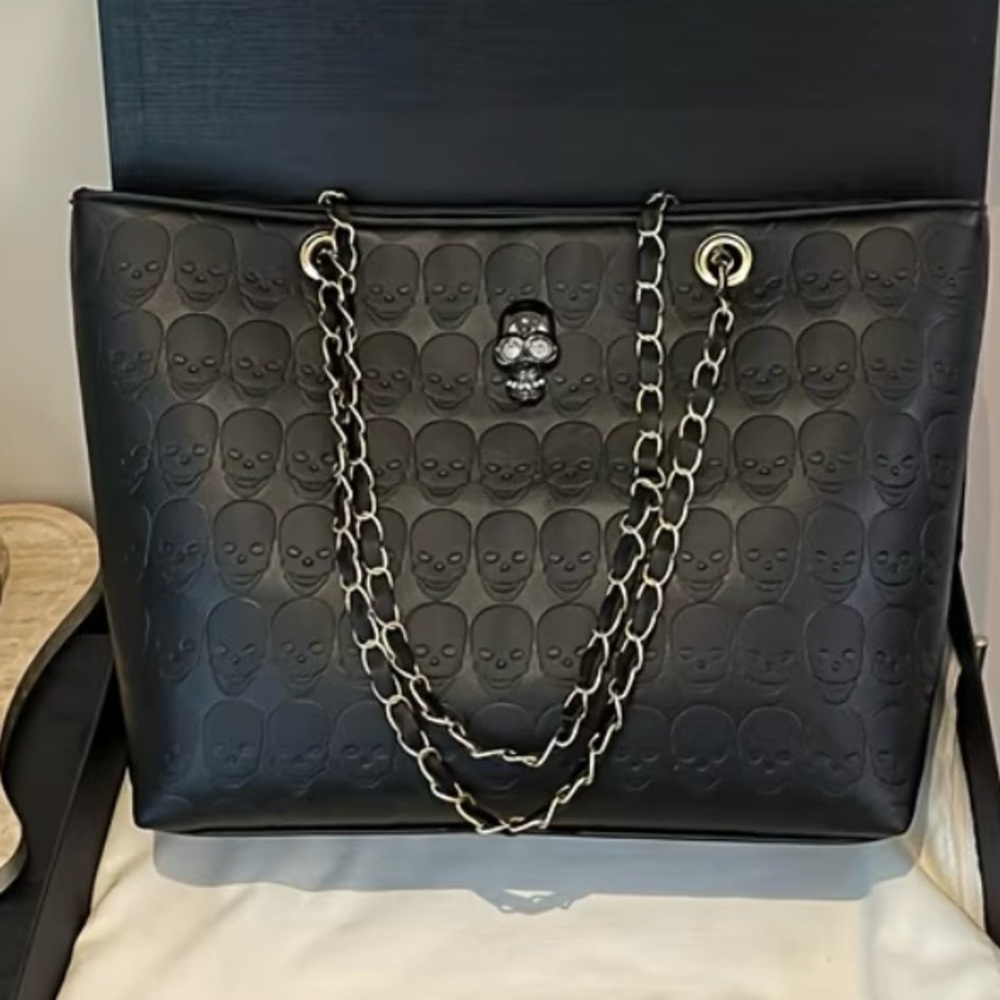 Black Skull Embossed Tote Bag with Chain Straps Faux Leather Metal Skull NWT